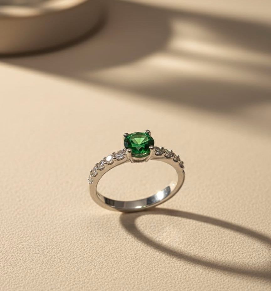 Sterling Silver Emerald Accent Ring
