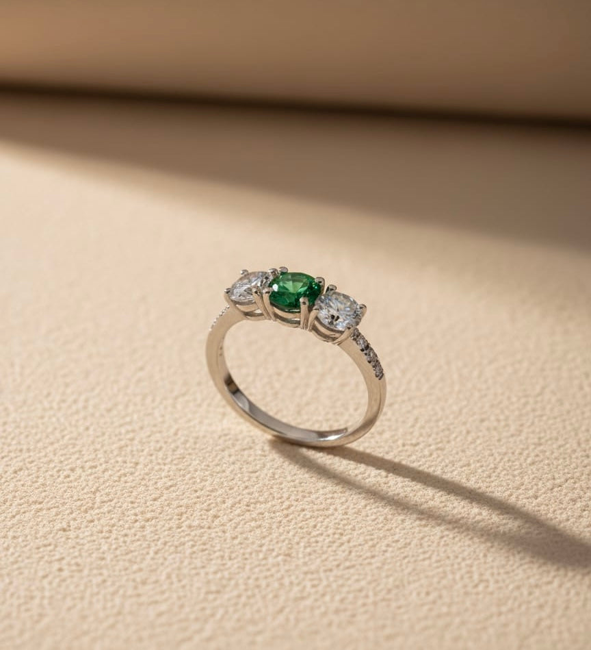Sterling Silver Emerald and Diamond Trilogy Ring