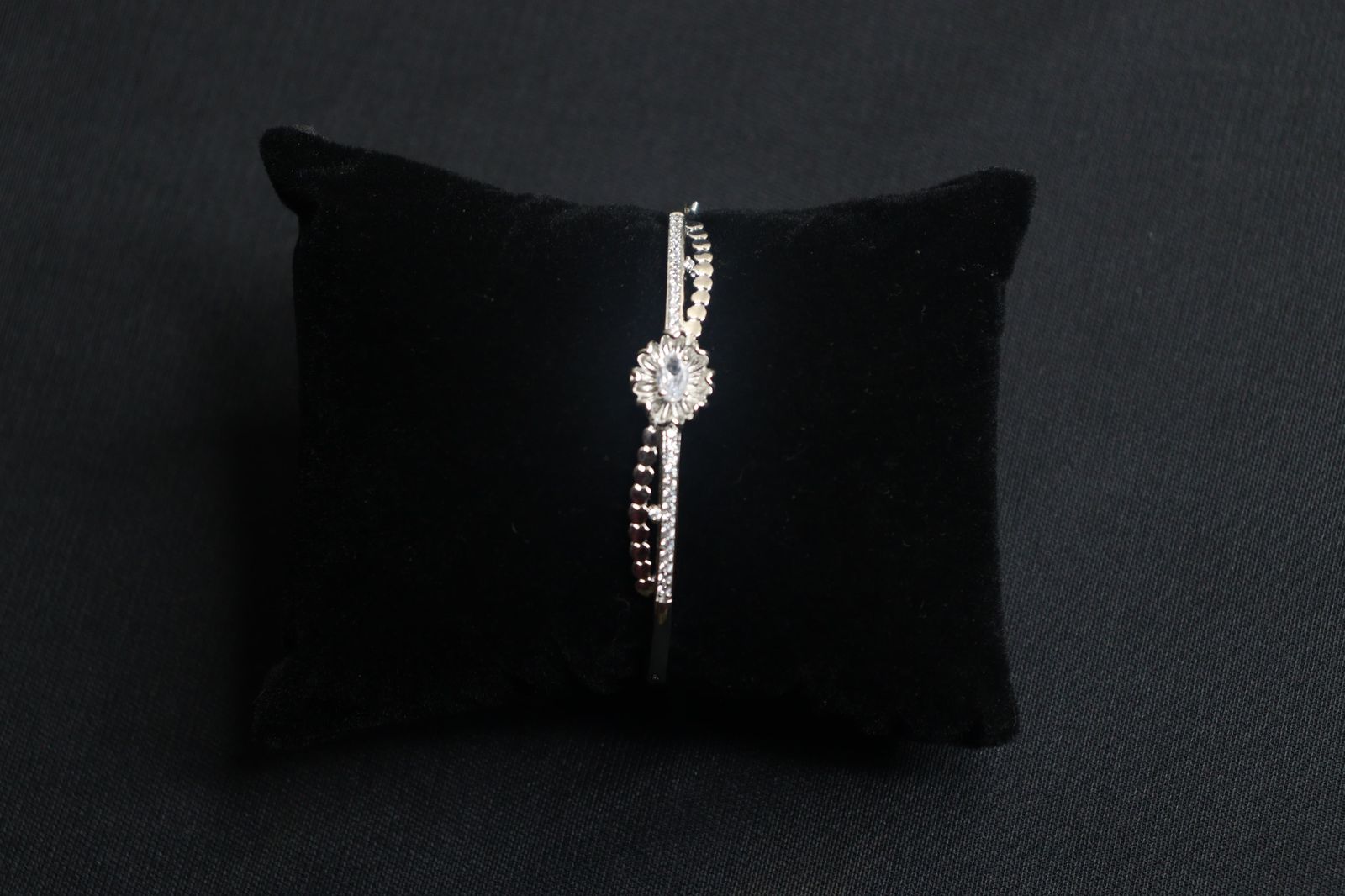 Silver CZ Studded Bracelet with Floral Motif